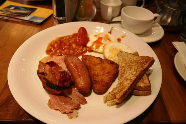 English breakfast with sausage